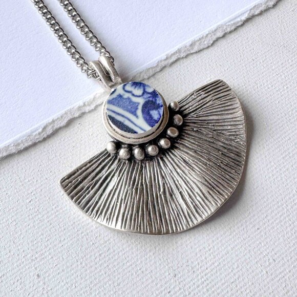 Blue White Ceramic Pendant Necklace Silver Fan Statement Necklace - Picture 2 of 9